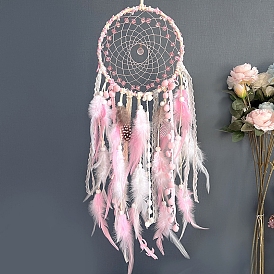 Cotton Woven Net/Web with Feather Hanging Decorations, Braided Glass Beads Hanging Ornaments for Home Office Decoration