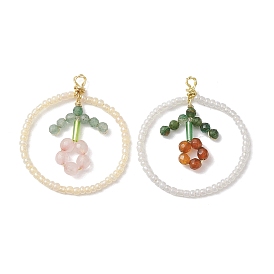2 pcs perles de rocaille en verre faites à la main pendentifs tissés, plat rond avec des charmes de fleurs