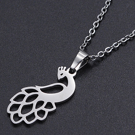 201 Stainless Steel Pendants Necklaces, with Cable Chains and Lobster Claw Clasps, Peacock