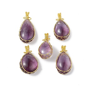 Natural Amethyst Big Pendants, Teardrop Charms with Rack Plating Golden Plated Copper Wire Wrapped, Cadmium Free & Lead Free
