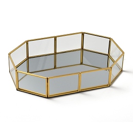 Glass Tray Mirror, Storage Tray, with Golden Plated Brass Edge, Cosmetics Jewelry Organizer, Octagon