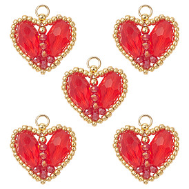 5 pcs pendentifs en verre, charme coeur, avec des perles de rocaille et 304 acier inoxydable, facette