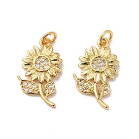 Rack Plating Brass Micro Pave Cubic Zirconia Pendants, with Jump Ring, Long-Lasting Plated, Lead Free & Cadmium Free, Sunflower