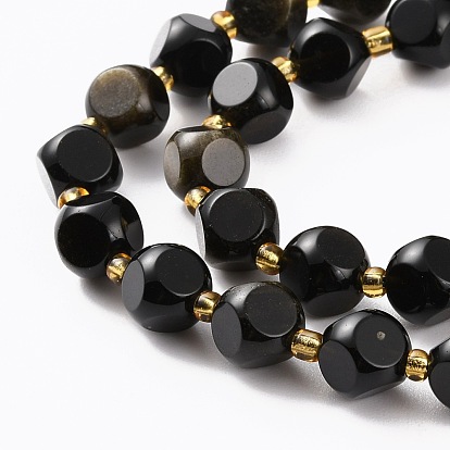 Natural Black Obsidian Beads Strands, with Seed Beads, Six Sided Celestial Dice, Faceted