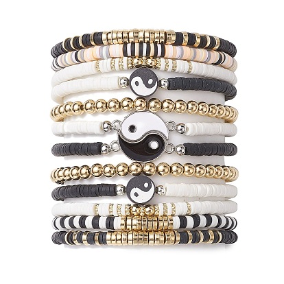 12 браслеты из полимерной глины, пластика и сплава Инь-Янь из бисера, регулируемые наборы эластичных браслетов