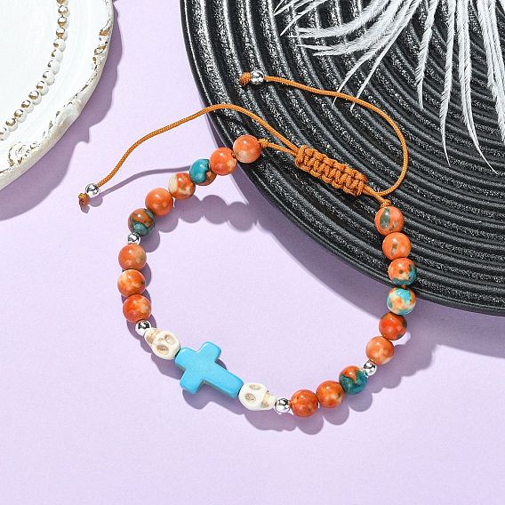 Регулируемые браслеты из синтетических бирюзовых и белоснежных нефритовых бусин, Браслеты из плетеной нейлоновой веревки для женщин и мужчин, крест и череп, С немагнитным синтетическим гематитом