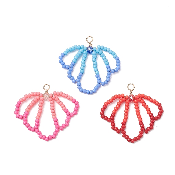 3Pcs Glass Seed Beaded Shell Shapes Pendants, with Copper Wire & Glass