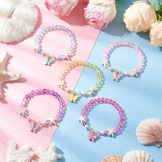 5шт. синтетический лунный камень и стеклянные бусины эластичные браслеты сплав акриловые бабочки подвески браслеты для женщин, с бусиной из ракушечного жемчуга, стеклянной бусиной и синтетической бирюзой