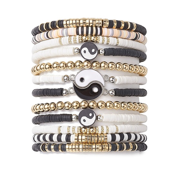 12 браслеты из полимерной глины, пластика и сплава Инь-Янь из бисера, регулируемые наборы эластичных браслетов