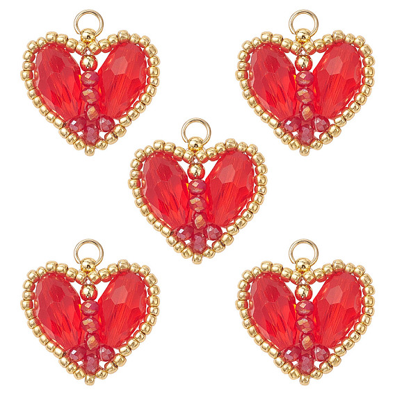 5Pcs Glass Pendants, Heart Charm, with Seed Beads & 304 Stainless Steel, Faceted