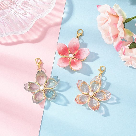 3шт 3цвета стеклянные гранатовые цветы подвесные украшения, Застежки-когти из сплава омара, подвески для украшений сумок