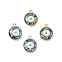 Natural White Shell Epoxy Resin Charms, with Brass Cubic Zirconia Findings, Cadmium Free & Lead Free, Flat Round with Evil Eye