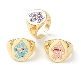 Brass Enamel Cuff Rings, Open Rings, Oval with Mushroom, Golden