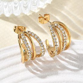 304 Pendientes de botón de acero inoxidable y cristal con diamantes de imitación, pendientes de medio aro, Recubrimiento al vacío PVD