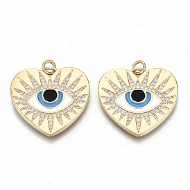 Brass Micro Pave Clear Cubic Zirconia Pendants, with Jump Rings and Enamel, Nickel Free, Heart with Eye