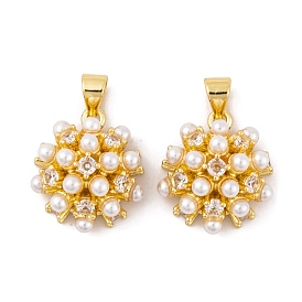 Brass Micro Pave Cubic Zirconia Pendants, with ABS Beads, Real 18K Gold Plated, Flower Charms