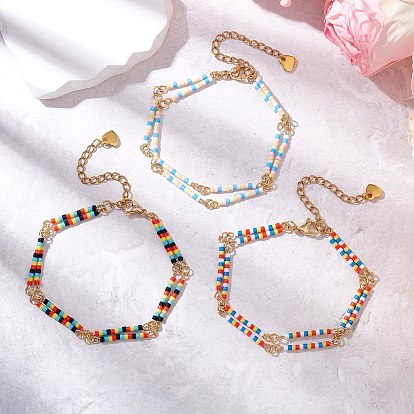 3шт. браслеты из стеклянных бусин, двухрядные браслеты для женщин, с золотой фурнитурой 304 из нержавеющей стали