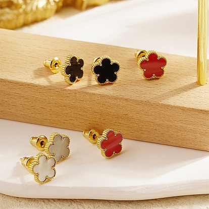 Golden 304 Stainless Steel Flower Stud Earrings with Natural Shell