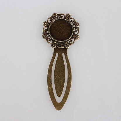 Antique Bronze Iron Bookmark Cabochon Settings, with Alloy Flat Round Tray, Cadmium Free & Nickel Free & Lead Free, 80x30x3mm, Tray: 18mm