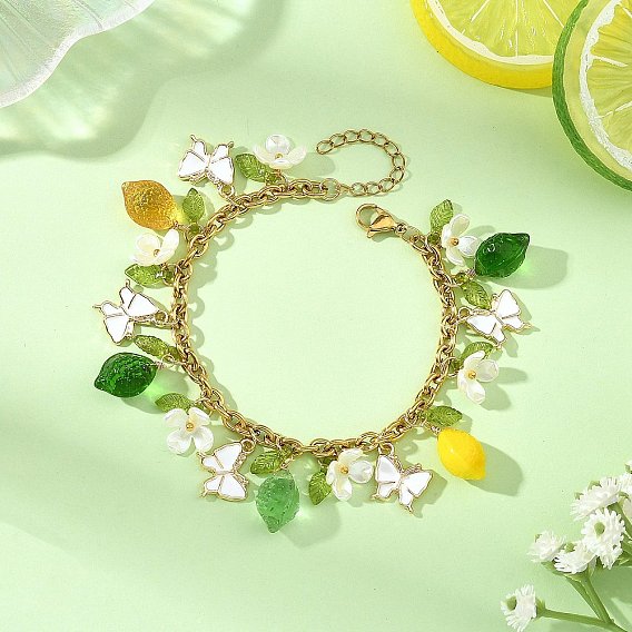 Spring Alloy Enamel Butterfly & Glass Lemon Multi Charm Bracelets, 304 Stainless Steel Jewelry for Women, Colorful