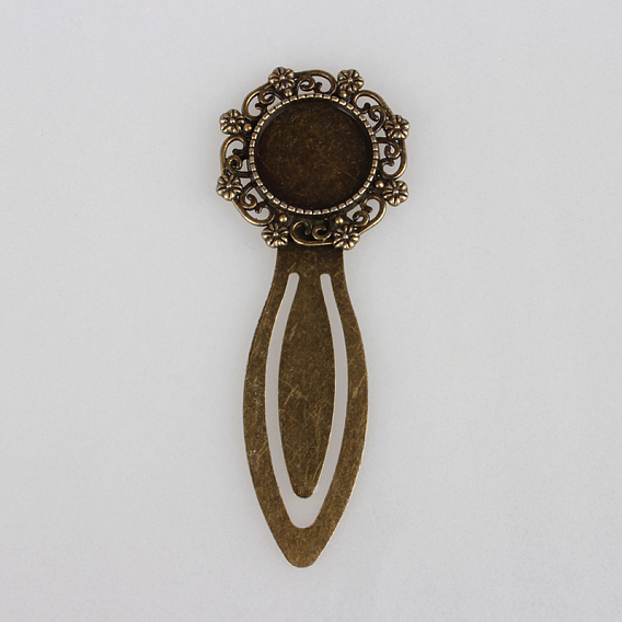 Antique Bronze Iron Bookmark Cabochon Settings, with Alloy Flat Round Tray, Cadmium Free & Nickel Free & Lead Free, 80x30x3mm, Tray: 18mm