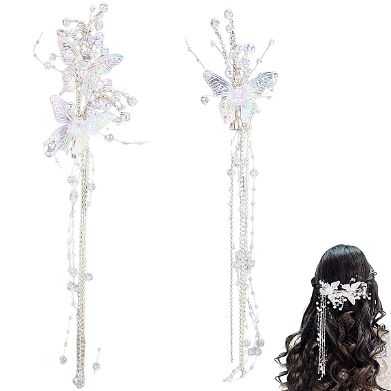 2 Набор из акрила с прозрачными стразами, бабочками и кисточками из кожи аллигатора, аксессуары для волос для женщин и девочек
