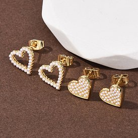 Серьги-гвоздики в форме сердца из латуни, с ABS имитации жемчуга