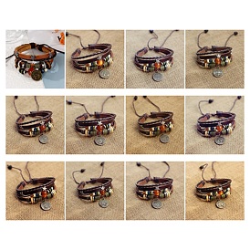 Constellation Alloy Charms & Imitation Carnelian Beaded Multi-strand Bracelet, PU Leather Braided 4 Layer Gothic Bracelet for Men Women
