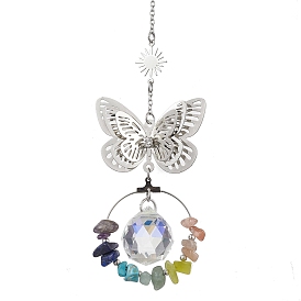 Butterfly Brass & 304 Stainless Steel Hanging Suncatchers, with Glass Pendants and Mixed Gemstone Chip Beads