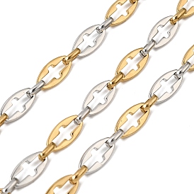 Двухцветный 304 овальный браслет из нержавеющей стали с цепочками, переплетенными крестами, ионное покрытие (ip), несварные, с катушкой