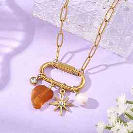 Nuggets Natural Amber & Natural Freshwater Pearl Pendant Necklaces, 304 Stainless Steel Paperclip Chains Necklaces with Screw Clasps
