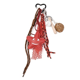 2 подвески в виде звезд из полиэфирной веревки, пластиковых бусин и искусственной кожи, с алюминиевыми застежками-сердечками для ключей