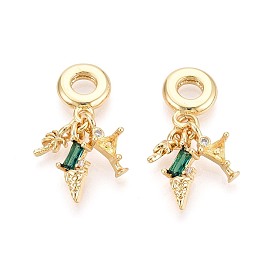 Европейские подвески с паве из прозрачных и зеленых кубических цирконий из латуни, мороженое, бокал и кокосовая пальма, Подвески с большими отверстиями