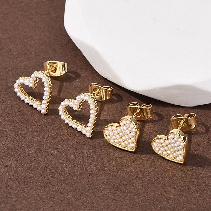 Серьги-гвоздики в форме сердца из латуни, с ABS имитации жемчуга