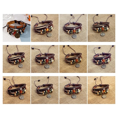 Constellation Alloy Charms & Imitation Carnelian Beaded Multi-strand Bracelet, PU Leather Braided 4 Layer Gothic Bracelet for Men Women
