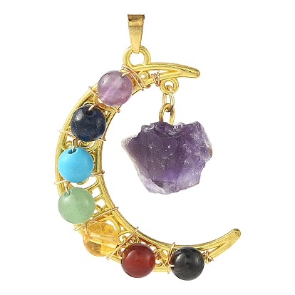 Alloy & Natural & Synthetic Gemstone Pendants, Moon, Golden
