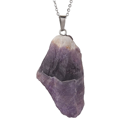 Rough Raw Natural Gemstone Pendant Necklaces, 304 Stainless Steel Cable Chains Necklace for Women