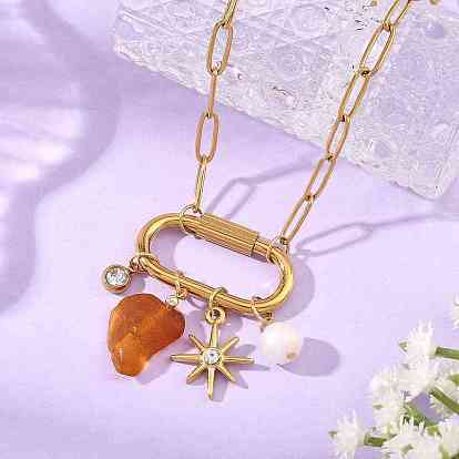 Nuggets Natural Amber & Natural Freshwater Pearl Pendant Necklaces, 304 Stainless Steel Paperclip Chains Necklaces with Screw Clasps