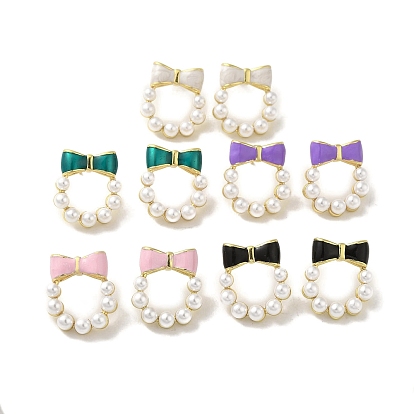 Bowknot Brass Stud Earrings, Enamel Pearl, Cadmium Free & Lead Free