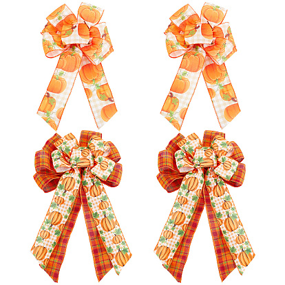 CHGCRAFT 4Pcs 2 Style Pumpkin Pattern Ployester Bowknot Display Decoration, with Tie, for Thanksgiving Day
