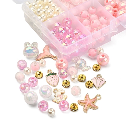 DIY Cute Stretch Bracelet Making Kit, Including Imitation Pearl & Candy Acrylic Beads, Rabbit & Sakura & Strawberry & Whale Tail & Diamond Alloy Enamel Pendants