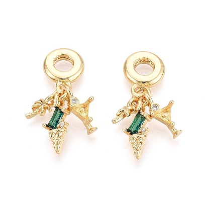 Европейские подвески с паве из прозрачных и зеленых кубических цирконий из латуни, мороженое, бокал и кокосовая пальма, Подвески с большими отверстиями