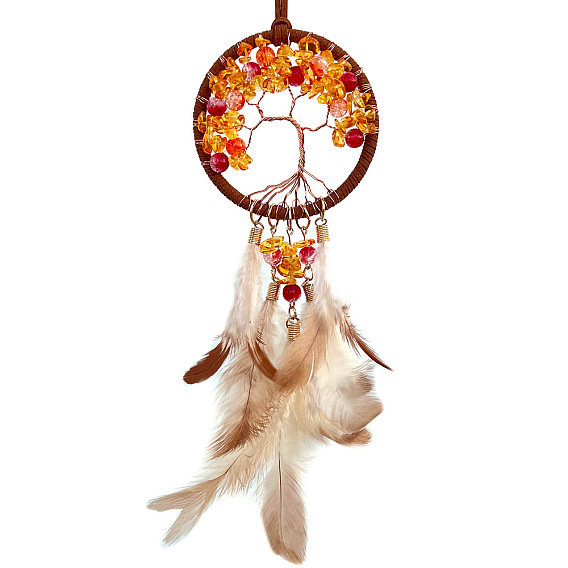 Стеклянные подвески в обертке «Древо жизни», Железная тканая паутина/сетка с подвесными украшениями для автомобиля из перьев