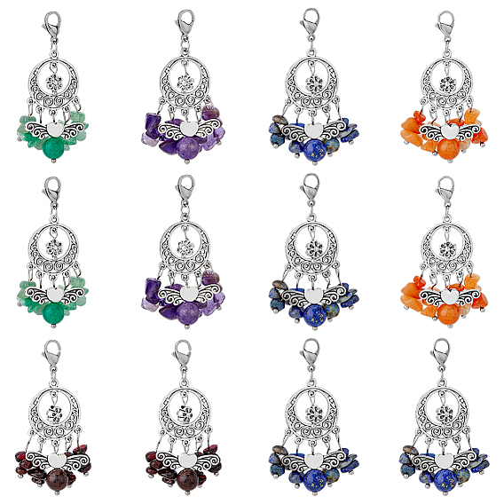 Натуральные драгоценные камни, с фурнитурой из сплава и 304 застежками-карабинами из нержавеющей стали, тканая сеть / паутина с пером