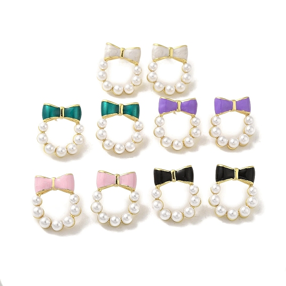 Bowknot Brass Stud Earrings, Enamel Pearl, Cadmium Free & Lead Free