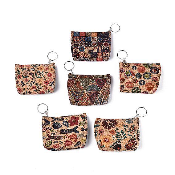 Пробковые кошельки с цветочным узором, кошелек для мелочи, Прямоугольный ключ с застежкой-молнией и железными брелоками, платина