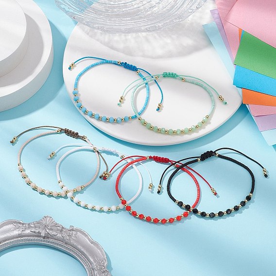 6Pcs Glass Braided Bead Bracelets, Rondelle, with Brass & Seed Beads