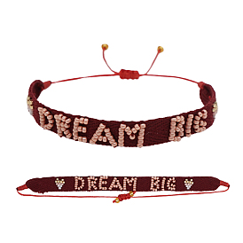 Nylon Cord Braided Bead Bracelets, Glass Seed Beaded Word Dream Big Inspiration Bracelet for Women