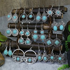 Boho Style Flower Turquoise Earrings Set with Water Drop Circle, Ethnic Jewelry