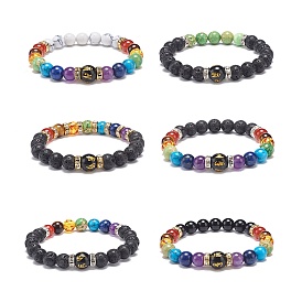 6Pcs 6 Style Natural & Synthetic Mixed Gemstone Beaded Stretch Bracelets Set, Om Mani Padme Hum Jewelry for Women